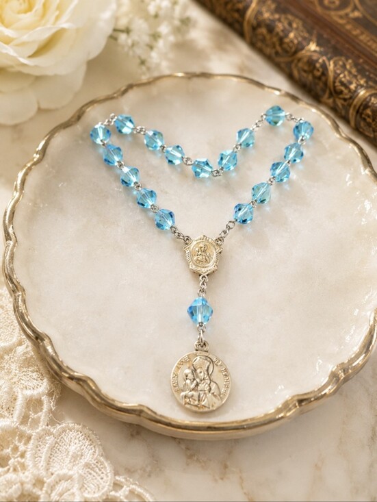 Jewelry - Rosary - Mini Rosary 3 Decads With Blue Glass Crystal Beads